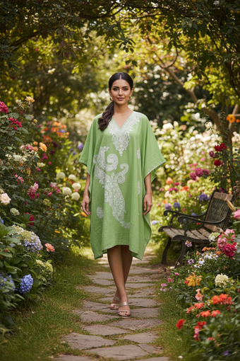 Women’s Leaf Green Short Caftan Dress – White Embroidered Cotton Kimono Style